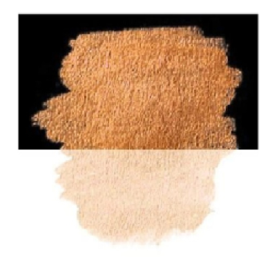 Two cosmetic powder swatches: bronze/brick copper on a black background above and light beige foundation below on white.