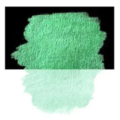 Bright green paint smear on a black background with a pale mint-green reflection below.