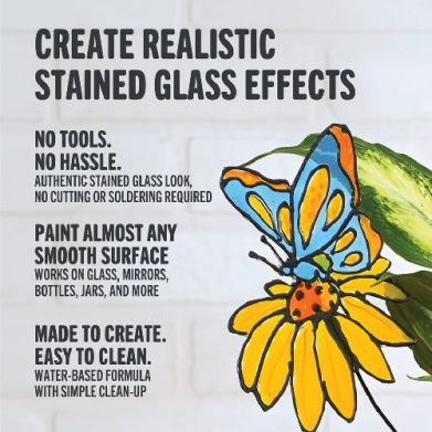 Poster advertising a water-based stain-glass effect with a butterfly on a sunflower; text highlights no tools, paint almost any smooth surface, and easy-to-clean formula.